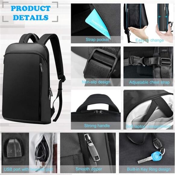 Slim and Expandable 15 15.6 16 Inch Laptop Backpack Anti Theft Business Travel - Picture 5 of 7